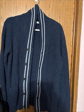 Sonoma Navy Cardigan with Light Gray Stripe Trim